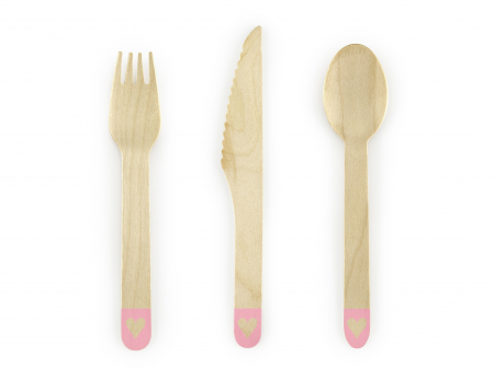 Tacamuri - Tacâm de lemn cu inimi, roz pal, 16cm (1 set / 18 bucăți)