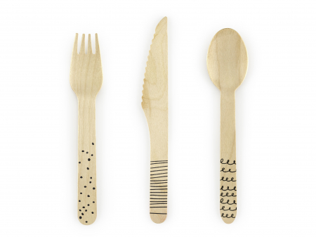 Tacamuri - Tacâm de lemn, negru, 16cm (1 set / 18 bucăți)