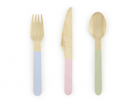 Tacamuri - Tacâm de lemn, culori pastelate, 16cm (1 set / 18 bucăți)