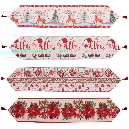 Articole Craciun Bucatarie - Traversa de Masa pentru Craciun, Flippy, Napron, din Material Tricotat cu Tesatura Groasa, Model Flori Rosii, cu Colt si Ciucure, 173x34x0.2 cm, Alb/ Rosu