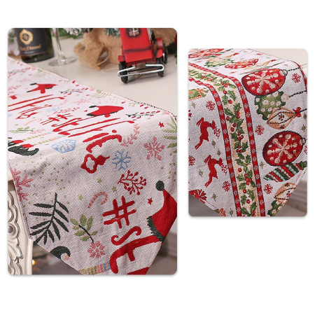 Traversa de Masa pentru Craciun, Flippy, Napron, din Material Tricotat cu Tesatura Groasa, Model Globuri, Reni si Cadouri, cu Colt si Ciucure, 173x34x0.2 cm, Alb/ Rosu [2]