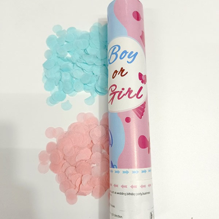Confetti - Tun Confetti,  Model Gender Reveal, Boy or Girl, 30 cm, Ambalaj din Carton, Eliberare prin Rasucire, Albastru