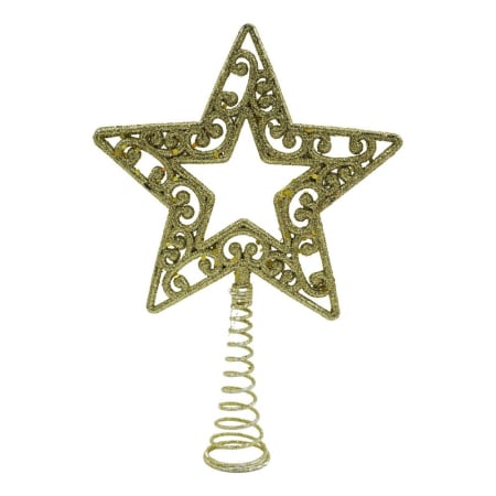 Ornamente Brad - Varf decorativ de brad, Auriu, in forma de Stea, decupata in centru, din Plastic/Metal, 14 cm x 19 cm, Interior/Exterior, Flippy