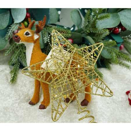 Varf decorativ de brad, Auriu, in forma de Stea, design cu paiete, din Plastic/Metal, 13 cm x 18 cm, diametru 4 cm, Interior/Exterior, Flippy [8]