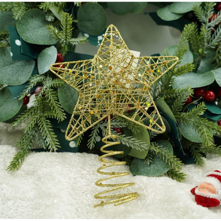 Varf decorativ de brad, Auriu, in forma de Stea, design cu paiete, din Plastic/Metal, 13 cm x 18 cm, diametru 4 cm, Interior/Exterior, Flippy [6]