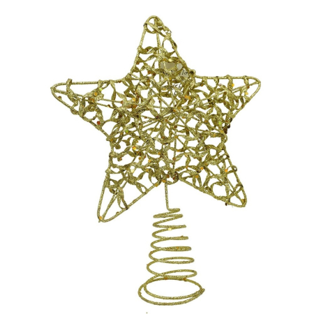 Craciun - Varf decorativ de brad, Auriu, in forma de Stea, design cu paiete, din Plastic/Metal, 18 cm x 23 cm, Interior/Exterior, Flippy
