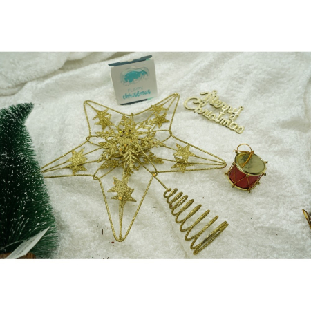 Varf decorativ de brad, Auriu, in forma de Stea, design de stele, din Plastic/Metal, 25 cm x 27 cm, Interior/Exterior, Flippy [6]