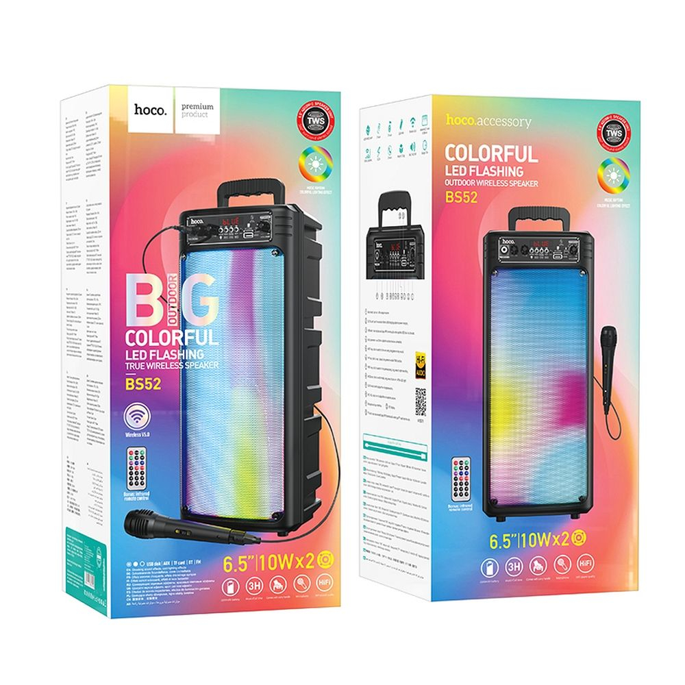 Hoco - Boxa Bluetooth Billowing (BS52) - Bluetooth 5.0, TWS, FM, USB, Card TF, AUX, cu microfon și lumini RGB - Negru. [2]