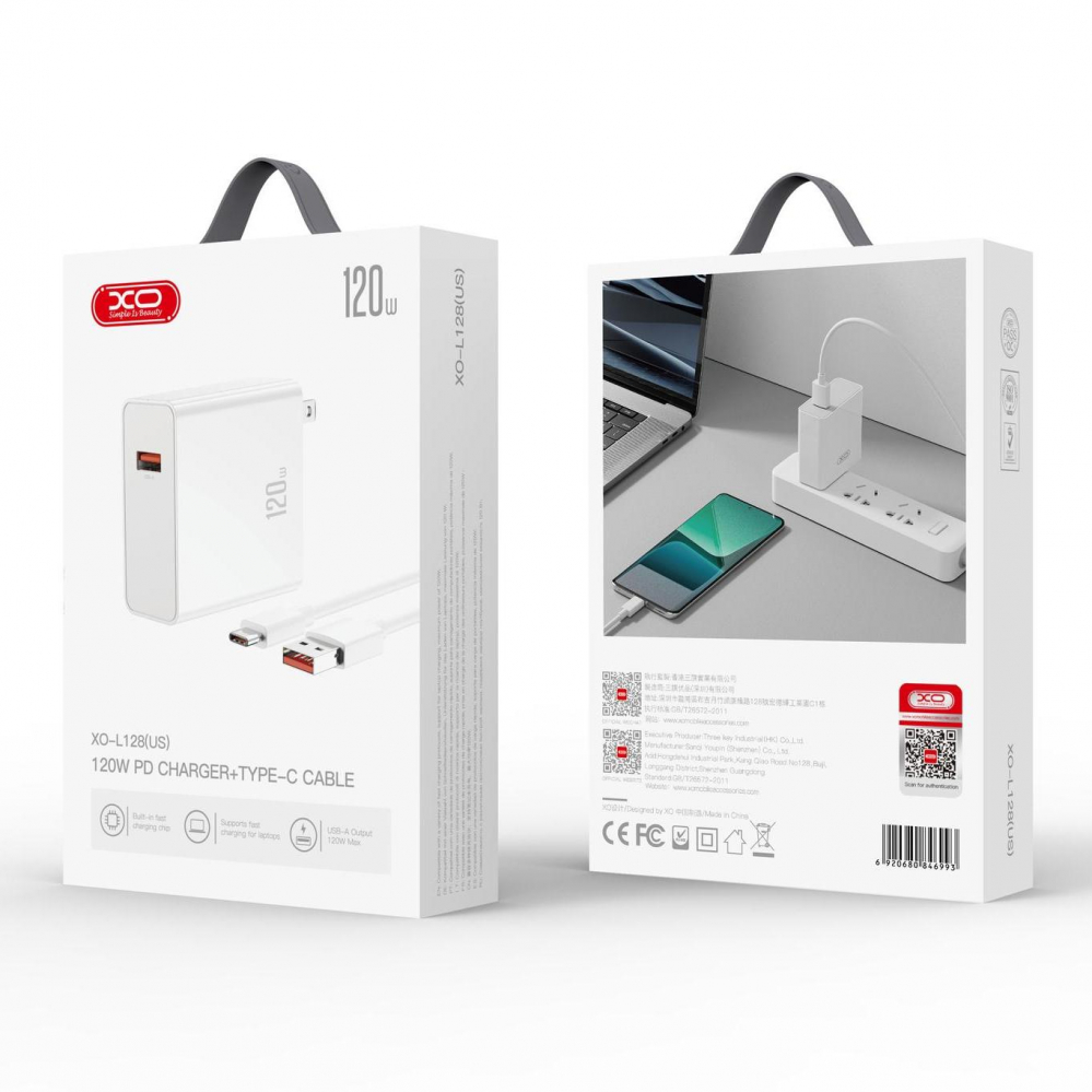 Incarcator priza XO L128, 120W, 1xUSB, Quick Charge 3.0, Cablu USB - Type-C inclus, Alb [2]