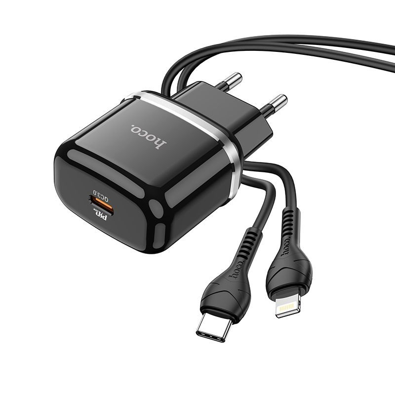 Încărcător Retea HOCO Tip + cablu tip C la iPhone Lightning OD QC3.0 20W N24 negru [2]