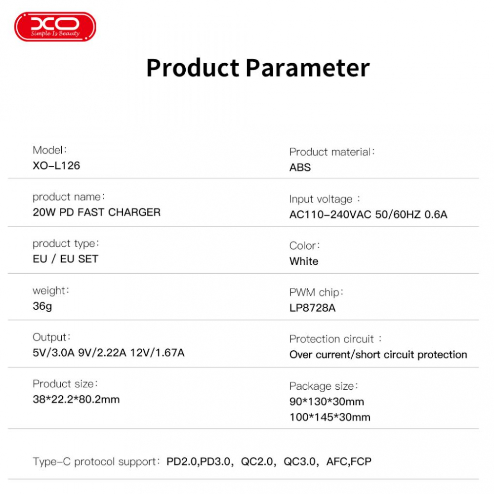Incarcator Retea  XO L126 TipC (PD)/3A/20W Alb cu cablu C la C [3]