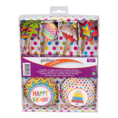 Forme Briose - Pachet 24 Forme Briose Hartie Si Toppere "Happy Birthday"