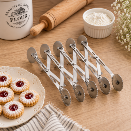 Ustensile, Accesorii Cofetarie, Patiserie - Taietor aluat extensibil cu 5 role simple si zimtate