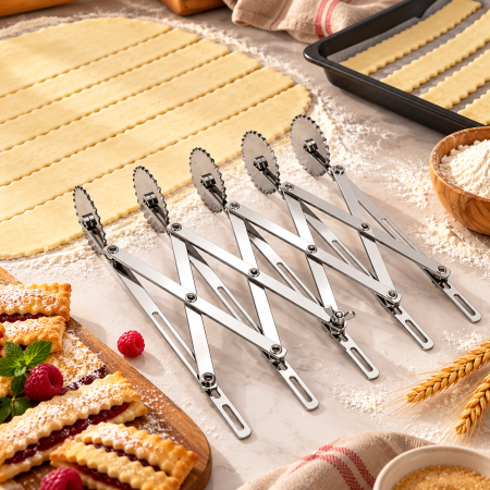 Totul pentru Cofetarie, Patiserie,Pizza - Taietor aluat extensibil cu 5 role zimtate