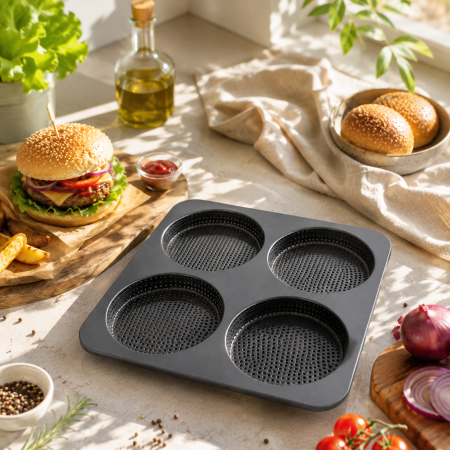 Tavi, Forme/Folii Coacere, Cosuri - Tava  Chifle Burger 4 cavitati