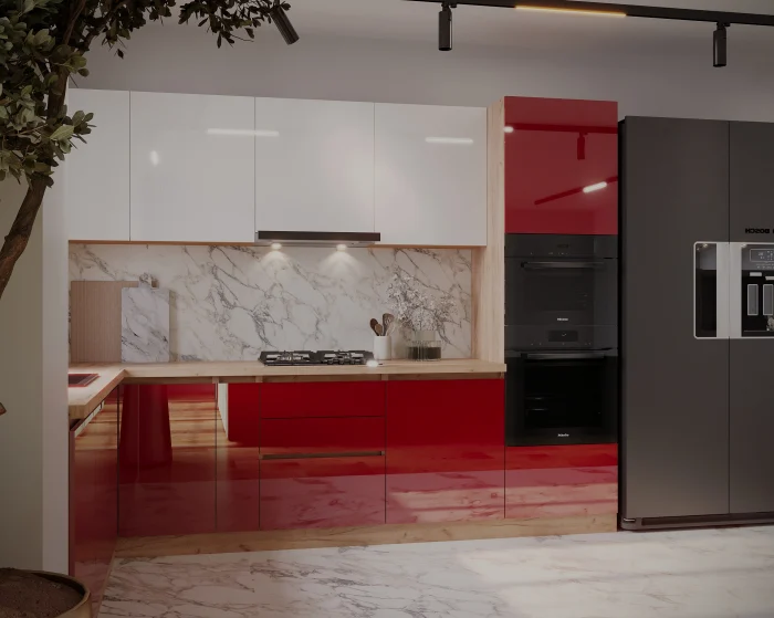 Bucatarie colt Chelsea V2 Alb Rosu /Stejar K003 221/300x60x200 cm [2]