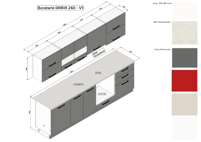 Bucatarie Daria MDF, 260x60x200cm, Alb+Gri antracit [4]