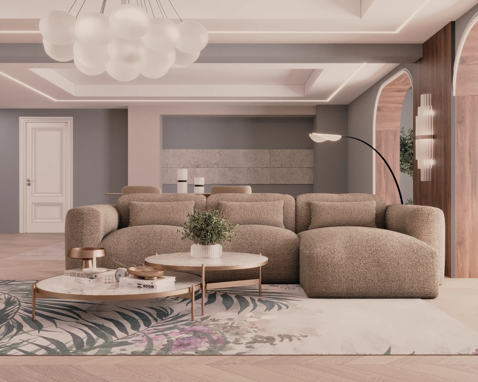 Colțar de Lux Treasure din stofă bouclé maro 297x94x42 cm [3]