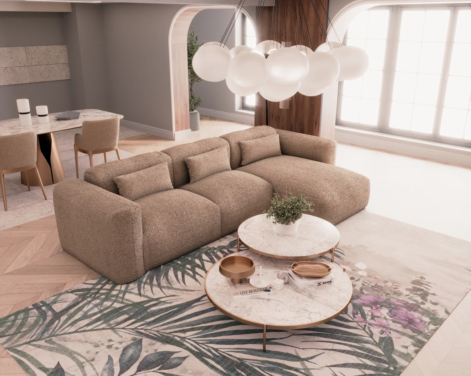 Colțar de Lux Treasure din stofă bouclé maro 297x94x42 cm [4]