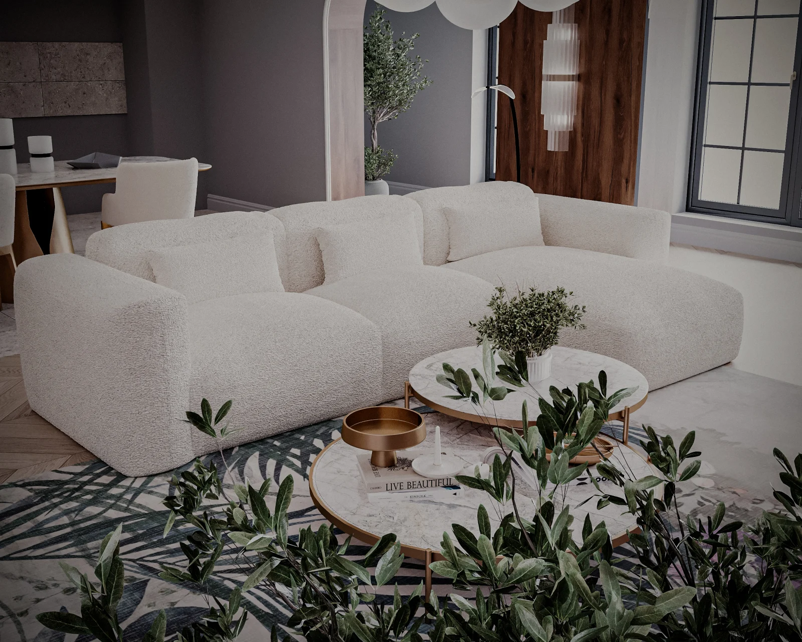 Colțar de Lux Treasure din stofă bouclé crem 297x94x42 cm [2]