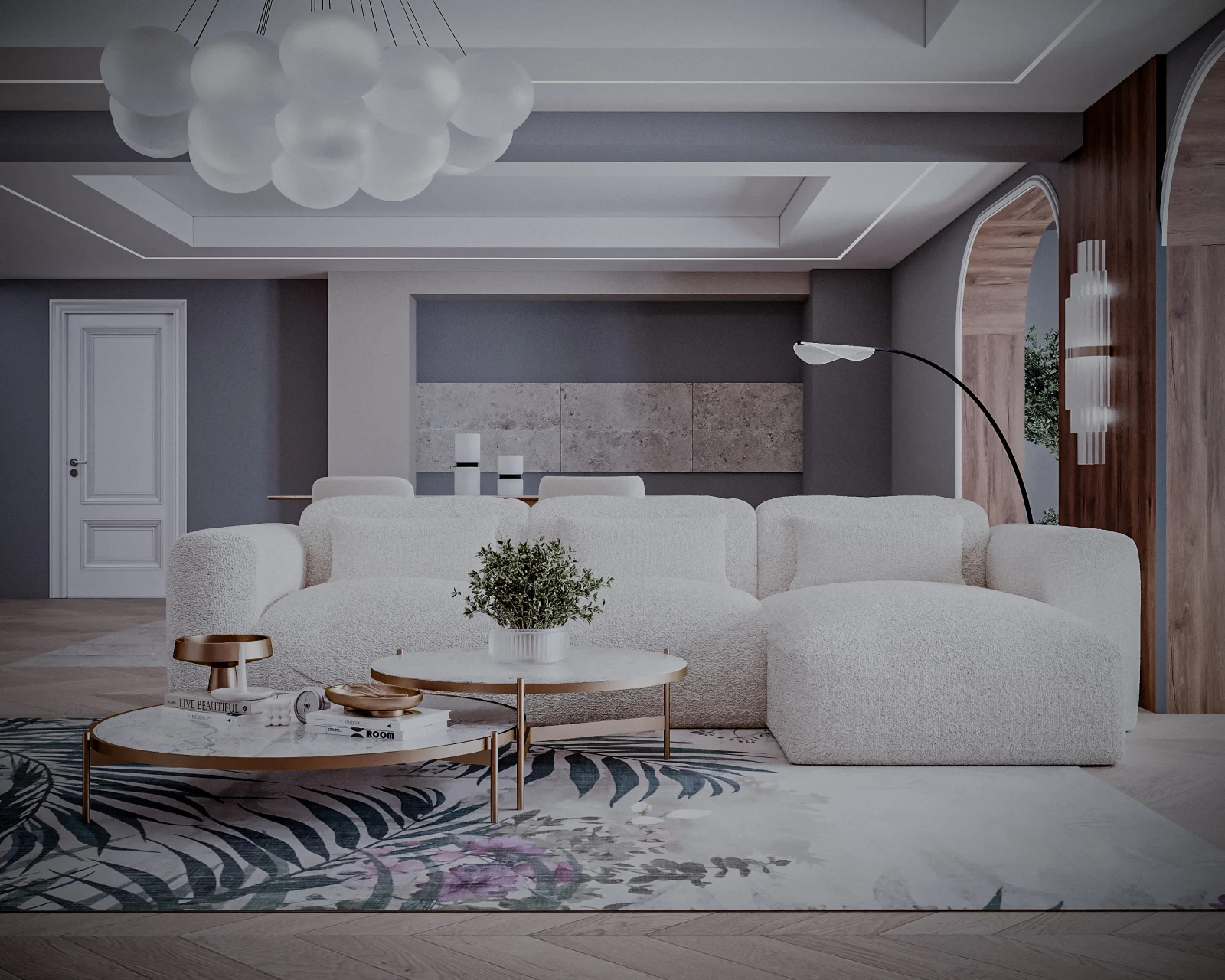 Colțar de Lux Treasure din stofă bouclé crem 297x94x42 cm [3]