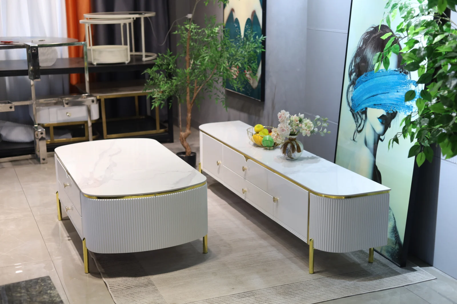 SET COMODA TV BENCH+MASA CAFEA MDF CULOARE ALB [2]