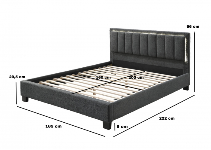 Pat tapitat Comfort 1 cu LED, 160x200, cadru din lemn cu somiera fixa, culoare Gri [6]