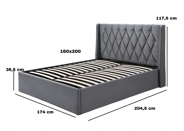 Pat tapitat Prestige 1, 160x200, cu somiera metalica rabatabila si spatiu de depozitare, culoare Gri [7]
