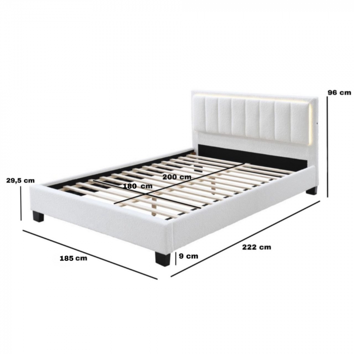 Pat tapitat Comfort 1 cu LED, 180x200, cadru din lemn cu somiera fixa, culoare Crem [6]