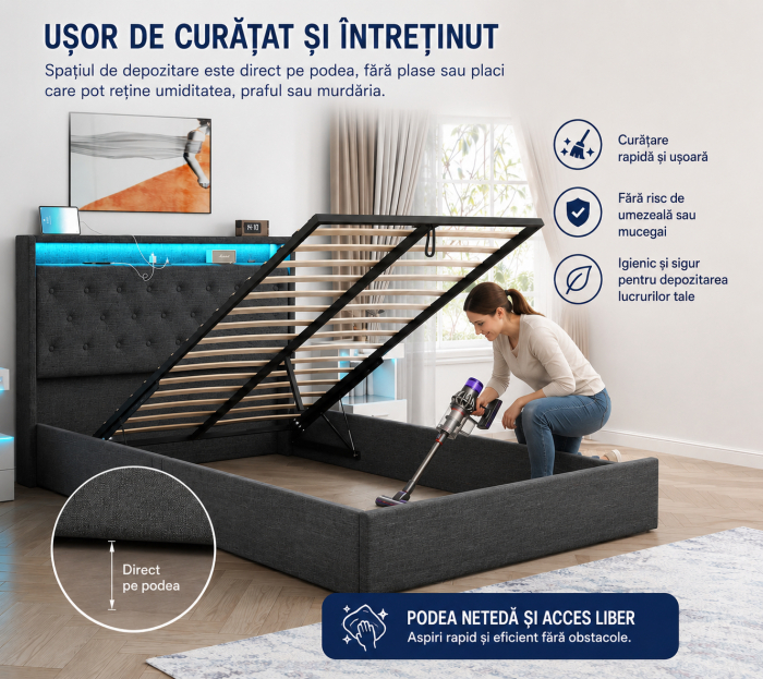 Pat tapitat Hermes, 160x200, somiera metalica rabatabila, spatiu de depozitare, rezistenta 400kg, culoare Gri [7]