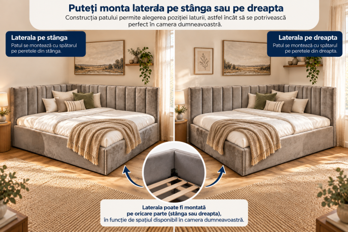 Pat tapitat pe colt Bubu, 90x200 cu somiera inclusa, culoare Gri [7]