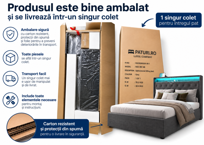 Pat tapitat Hermes, 120x200, somiera metalica rabatabila, spatiu de depozitare, rezistenta 250kg, culoare Gri [9]