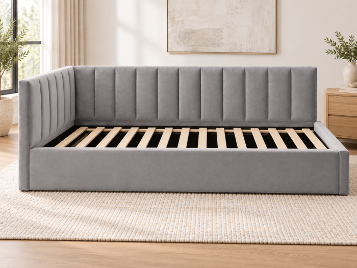Pat tapitat pe colt Bubu, 120x200 cu somiera inclusa, culoare Gri [2]