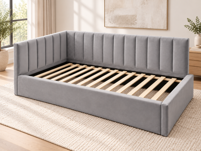 Pat tapitat pe colt Bubu, 120x200 cu somiera inclusa, culoare Gri [3]