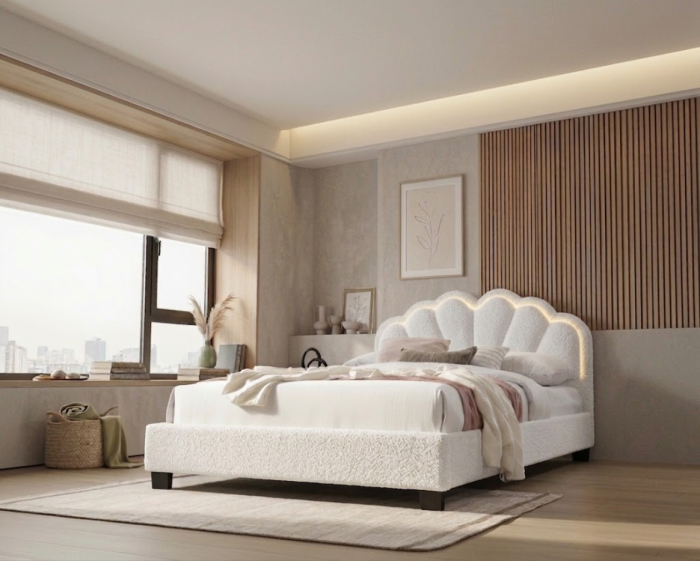 Pat tapitat Comfort 2 cu LED, 140x200, cadru din lemn cu somiera fixa, culoare Crem [4]