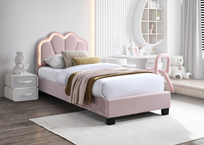 Pat tapitat Comfort 2 cu LED , 90x200, cadru din lemn cu somiera fixa, culoare Roz [1]