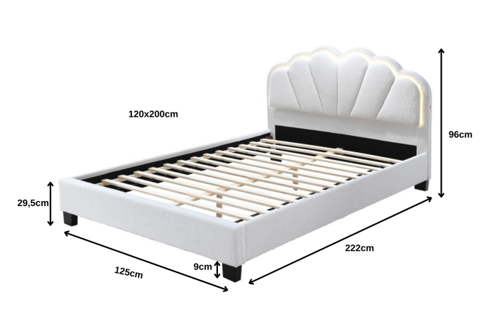 Pat tapitat Comfort 2 cu LED, 120x200, cadru din lemn cu somiera fixa, culoare Crem [6]