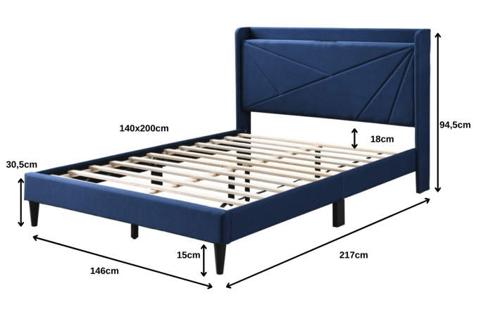 Pat tapitat Maya 3, 140x200, cu port de incarcare USB+type C, 2 prize, cadru din lemn cu somiera fixa, culoare Albastru [9]