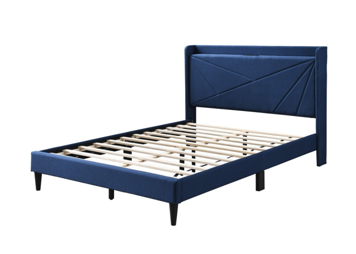 Pat tapitat Maya 3, 140x200, cu port de incarcare USB+type C, 2 prize, cadru din lemn cu somiera fixa, culoare Albastru [5]