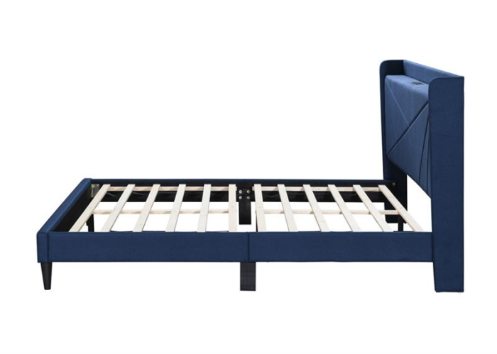 Pat tapitat Maya 3, 140x200, cu port de incarcare USB+type C, 2 prize, cadru din lemn cu somiera fixa, culoare Albastru [7]