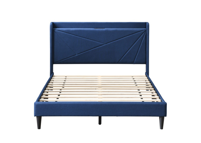 Pat tapitat Maya 3, 140x200, cu port de incarcare USB+type C, 2 prize, cadru din lemn cu somiera fixa, culoare Albastru [6]
