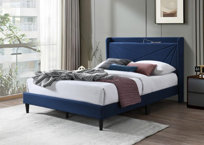 Pat tapitat Maya 3, 140x200, cu port de incarcare USB+type C, 2 prize, cadru din lemn cu somiera fixa, culoare Albastru [4]