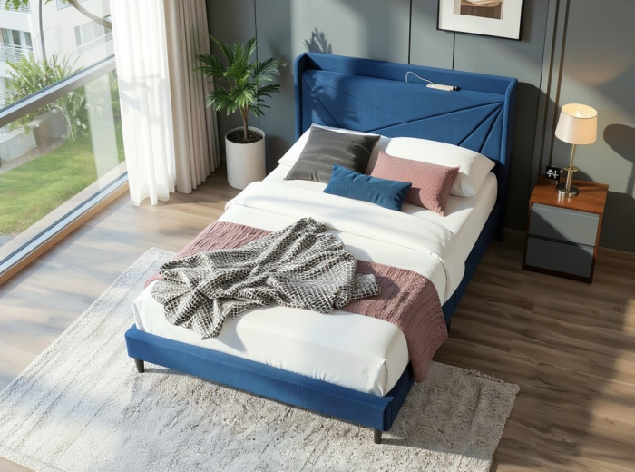 Pat tapitat Maya 3, 140x200, cu port de incarcare USB+type C, 2 prize, cadru din lemn cu somiera fixa, culoare Albastru [2]