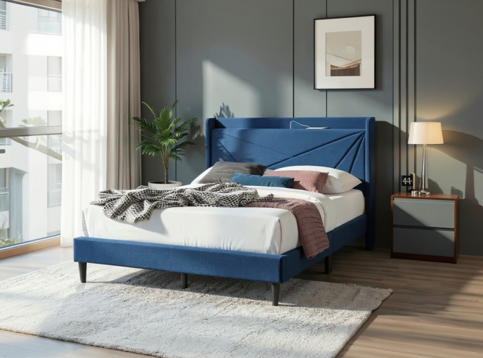 Pat tapitat Maya 3, 140x200, cu port de incarcare USB+type C, 2 prize, cadru din lemn cu somiera fixa, culoare Albastru [1]