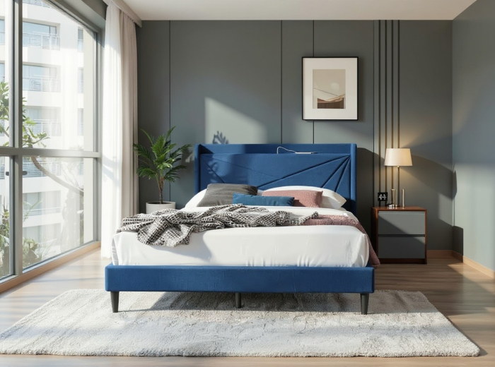Pat tapitat Maya 3, 140x200, cu port de incarcare USB+type C, 2 prize, cadru din lemn cu somiera fixa, culoare Albastru [3]