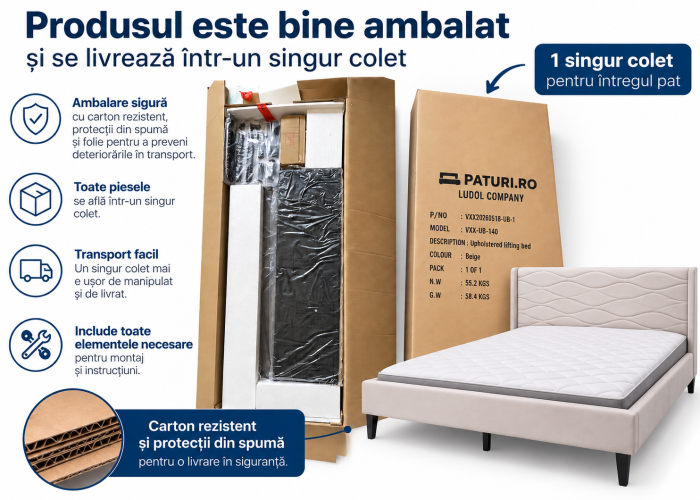 Pat tapitat Maya, 90x200, cadru din lemn cu somiera fixa, culoare Bej [12]