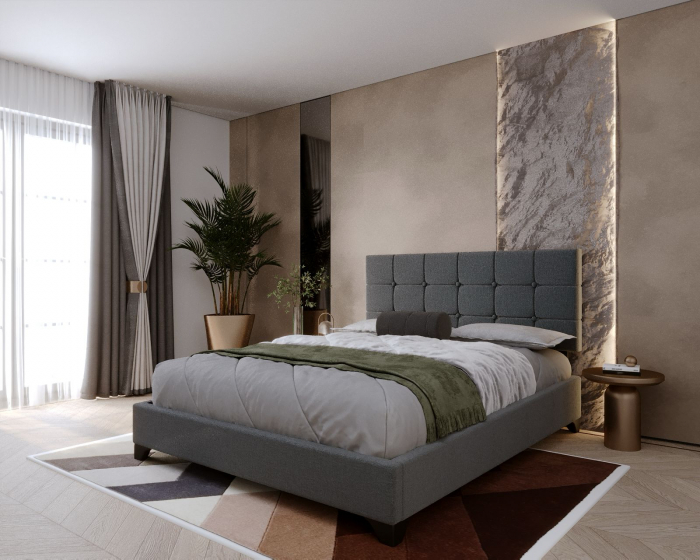 Set pat tapitat Modern 140x200cm cu saltea ortopedica inclusa, cadru din lemn, culoare Gri [5]