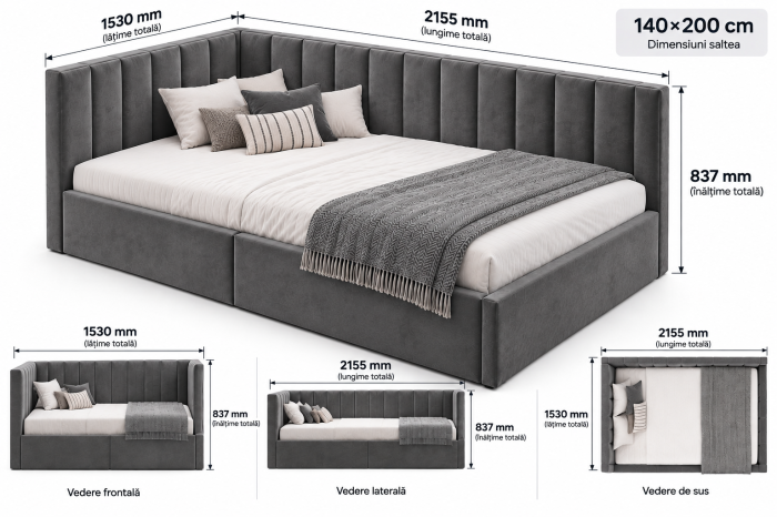 Pat tapitat pe colt Bubu, 140x200 cu somiera inclusa, culoare Gri [8]