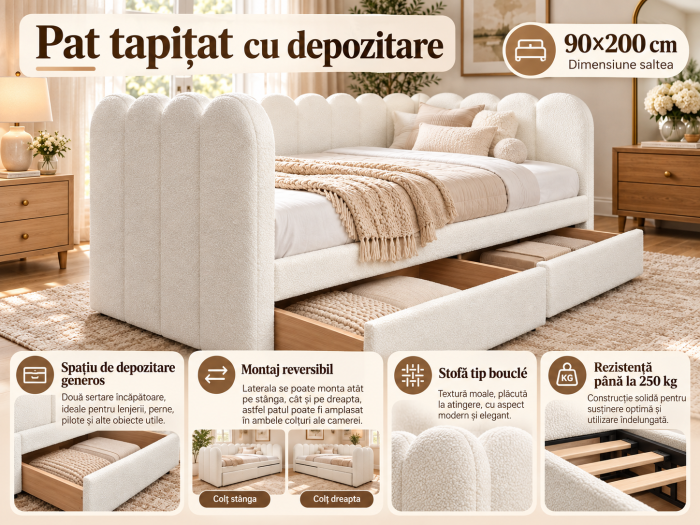 Pat tapitat Madison, 90x200, cu spatiul de depozitare, stofa boucle, culoare Crem [2]