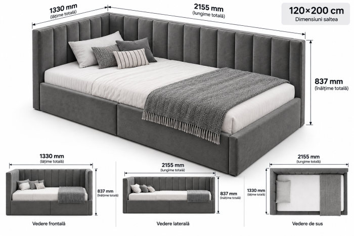 Pat tapitat pe colt Bubu, 120x200 cu somiera inclusa, culoare Gri [8]